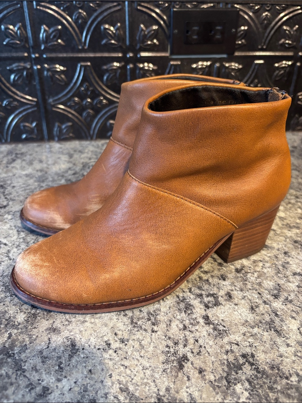 Toms Tan Leather Ankle Boots with Block Heel